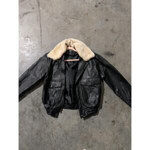 Vintage 90s Milan Leather Bomber Jacket Zip Up Size Small Black Faux Fur Collar